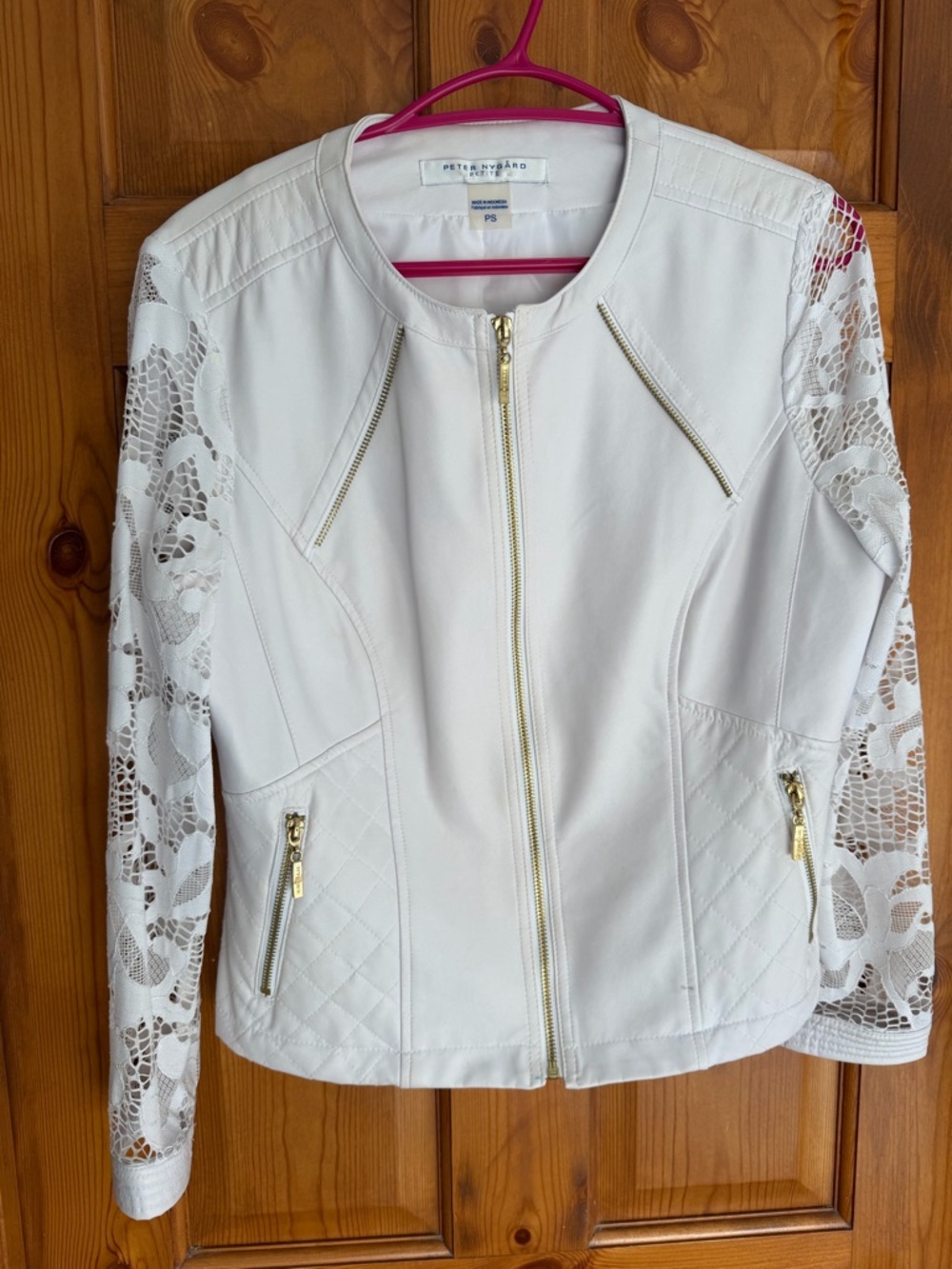Peter Nygard White Lace-Sleeve Zip Front Jacket